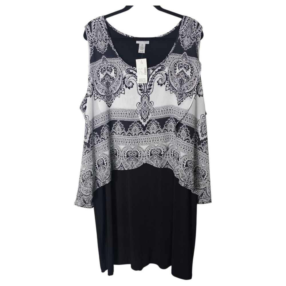 NWT Catherines 3X Black White Sleeveless Chiffon Dress Print Knee Length